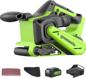 Greenworks 24V Brushless Cordless 3in. x 18in. Belt Sander Kit with Dust Bag and 60 Grit Sandpaper, 4Ah Battery and Charger Included
