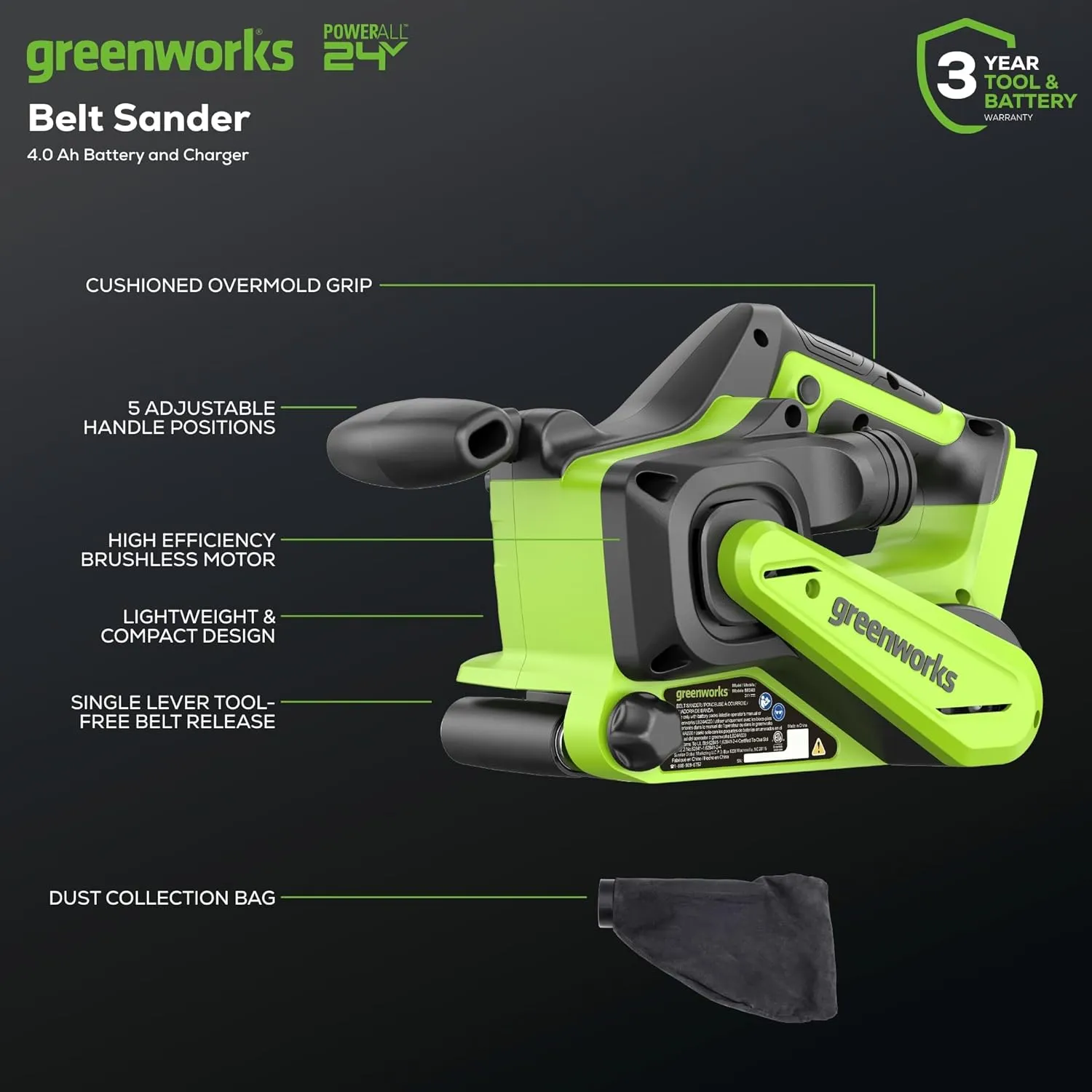 Greenworks 24V Brushless Cordless 3in. x 18in. Belt Sander Kit with Dust Bag and 60 Grit Sandpaper, 4Ah Battery and Charger Included