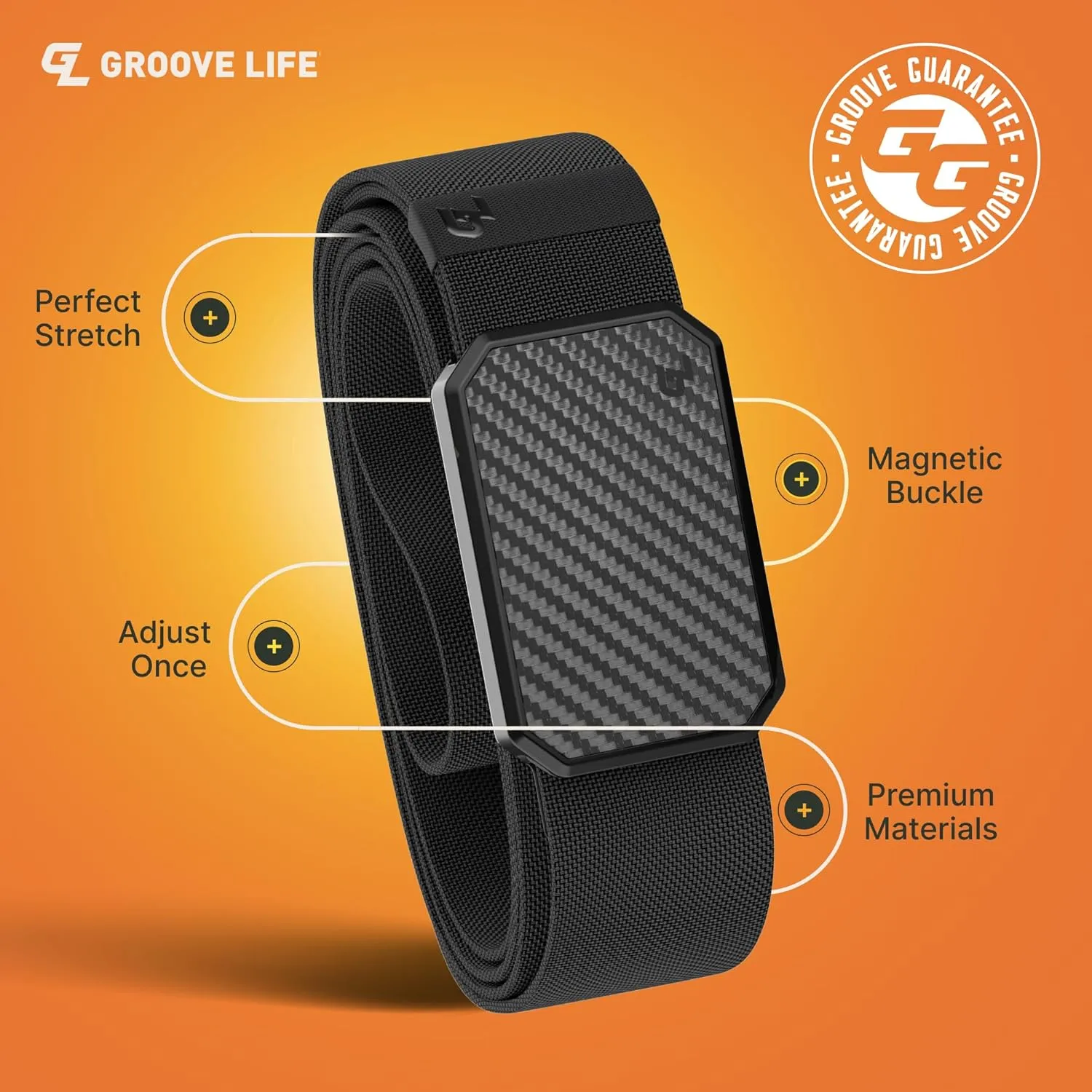 Groove Life Groove Belt Men's Stretch Nylon Belt with Magnetic Aluminum Buckle, Lifetime Coverage