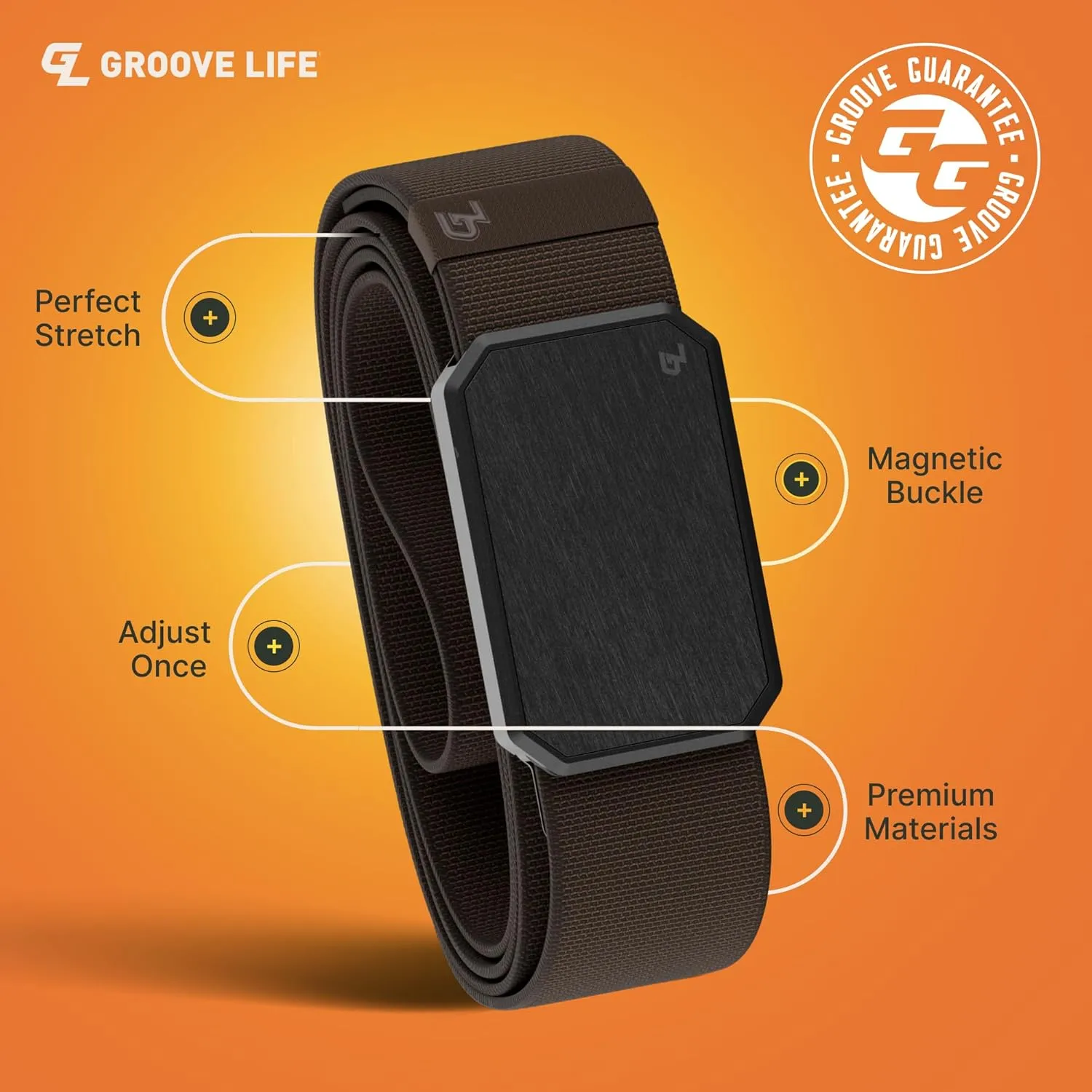 Groove Life Groove Belt Men's Stretch Nylon Belt with Magnetic Aluminum Buckle, Lifetime Coverage