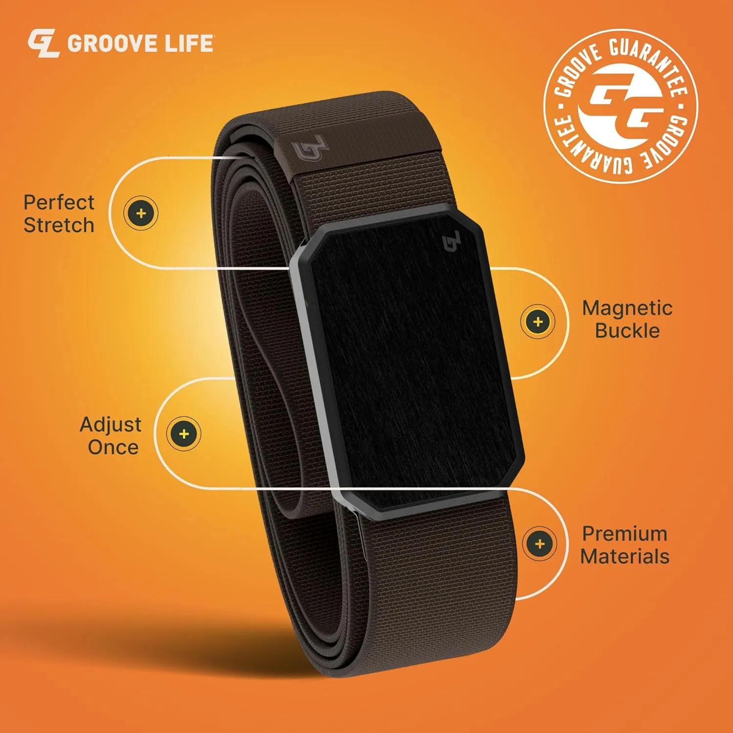 Groove Life Groove Belt Men's Stretch Nylon Belt with Magnetic Aluminum Buckle, Lifetime Coverage