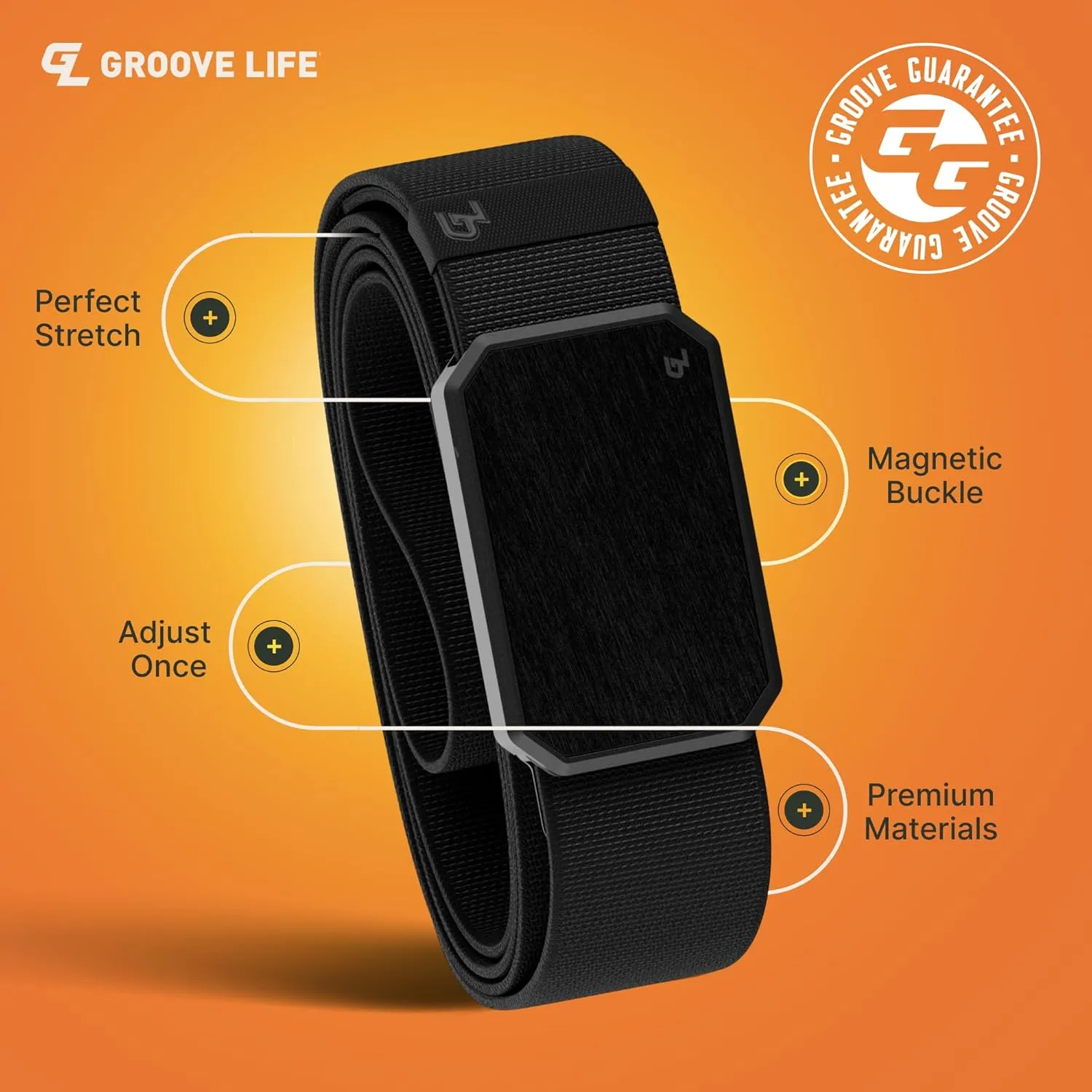 Groove Life Groove Belt Men's Stretch Nylon Belt with Magnetic Aluminum Buckle, Lifetime Coverage