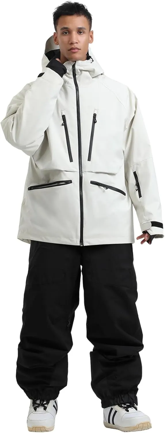 GSOU SNOW Mens Ski Jacket and Pants Set Ski Suit Snowboard Bibs Snowsuit Snow Coats Waterproof Hooded