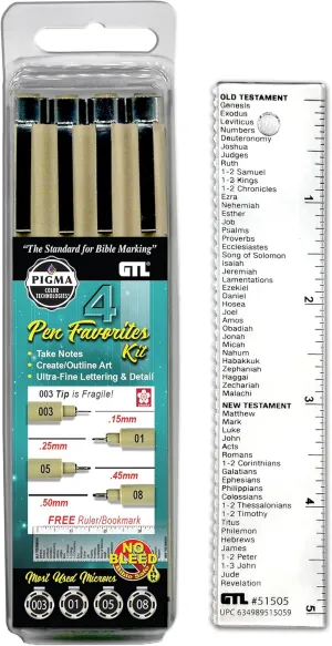 G.T. Luscombe Company, Inc. Pigma Micron Pen Favorites Lettering Kit #4 | No Bleed Pigmented Black Ink | No Smearing or Fading | 003 Ultra Extra Fine, 01 Fine, 05 Medium, 08 Bold Point (New Packaging)