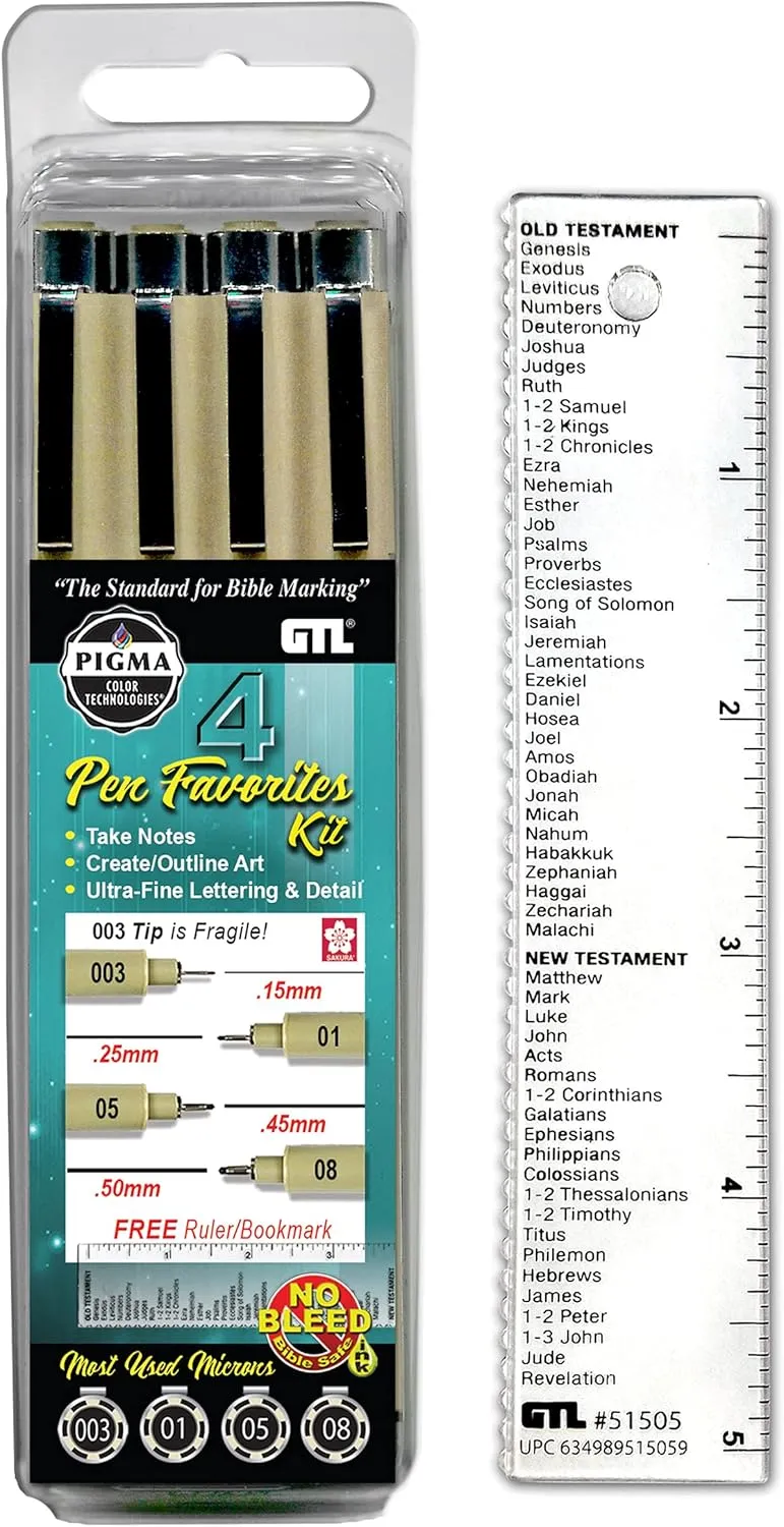 G.T. Luscombe Company, Inc. Pigma Micron Pen Favorites Lettering Kit #4 | No Bleed Pigmented Black Ink | No Smearing or Fading | 003 Ultra Extra Fine, 01 Fine, 05 Medium, 08 Bold Point (New Packaging)