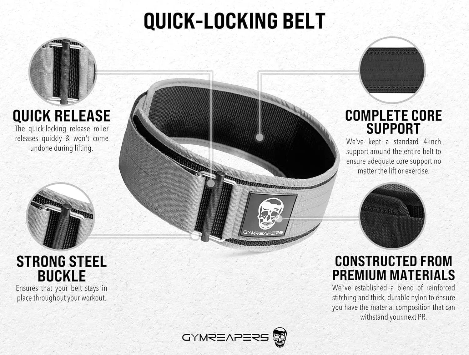 Gymreapers Quick Locking Weightlifting Belt for Bodybuilding, Powerlifting, Cross Training - 4 Inch Neoprene with Metal Buckle - Adjustable Olympic Lifting Back Support