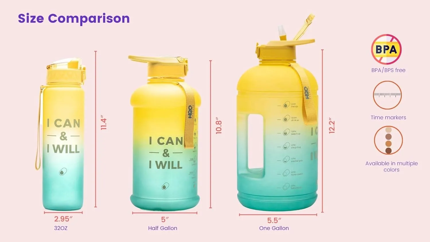 H2O Capsule INSPO Gallon Water Bottle with Time Marker and Straw Motivational Hydration Tracker Jug Big BPA-Free FoodSafe Leakproof Drinking Bottle with Handle & Strap, Fresh Avocado