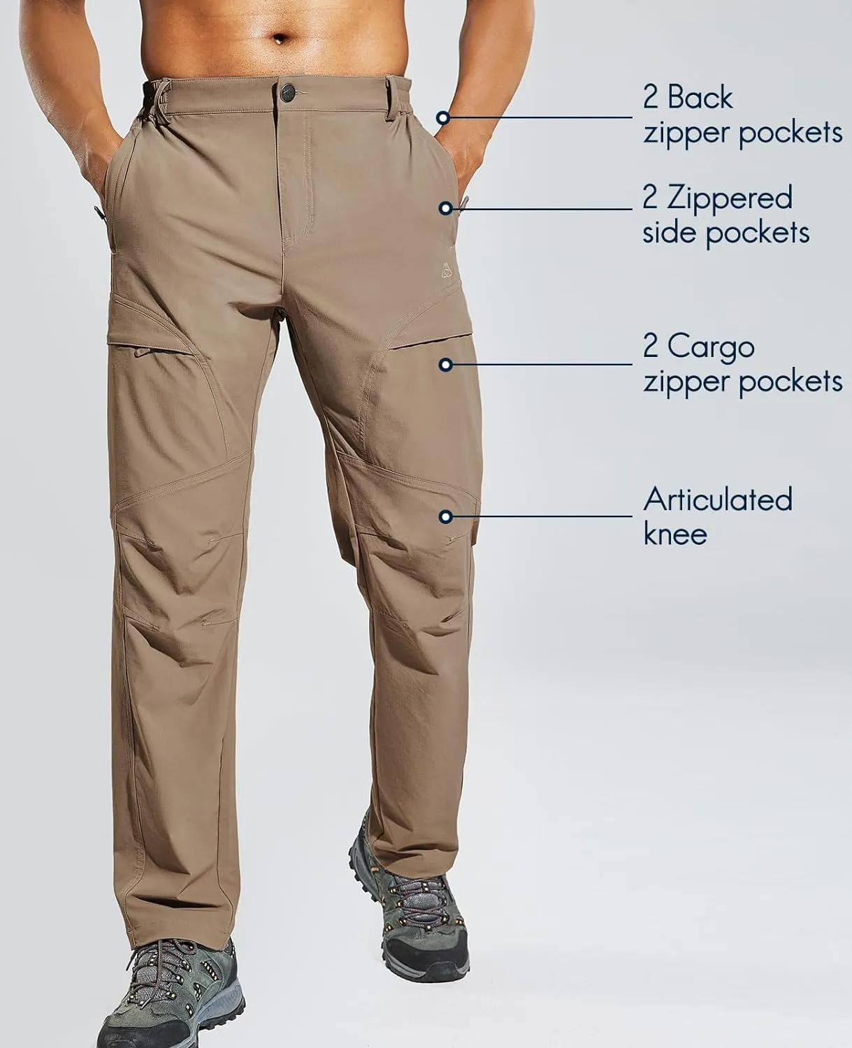 Haimont Men's Hiking Pants with 6 Zip Pockets Nylon Quick Dry Lightweight Outdoor Travel Cargo Pants, Water Resistant