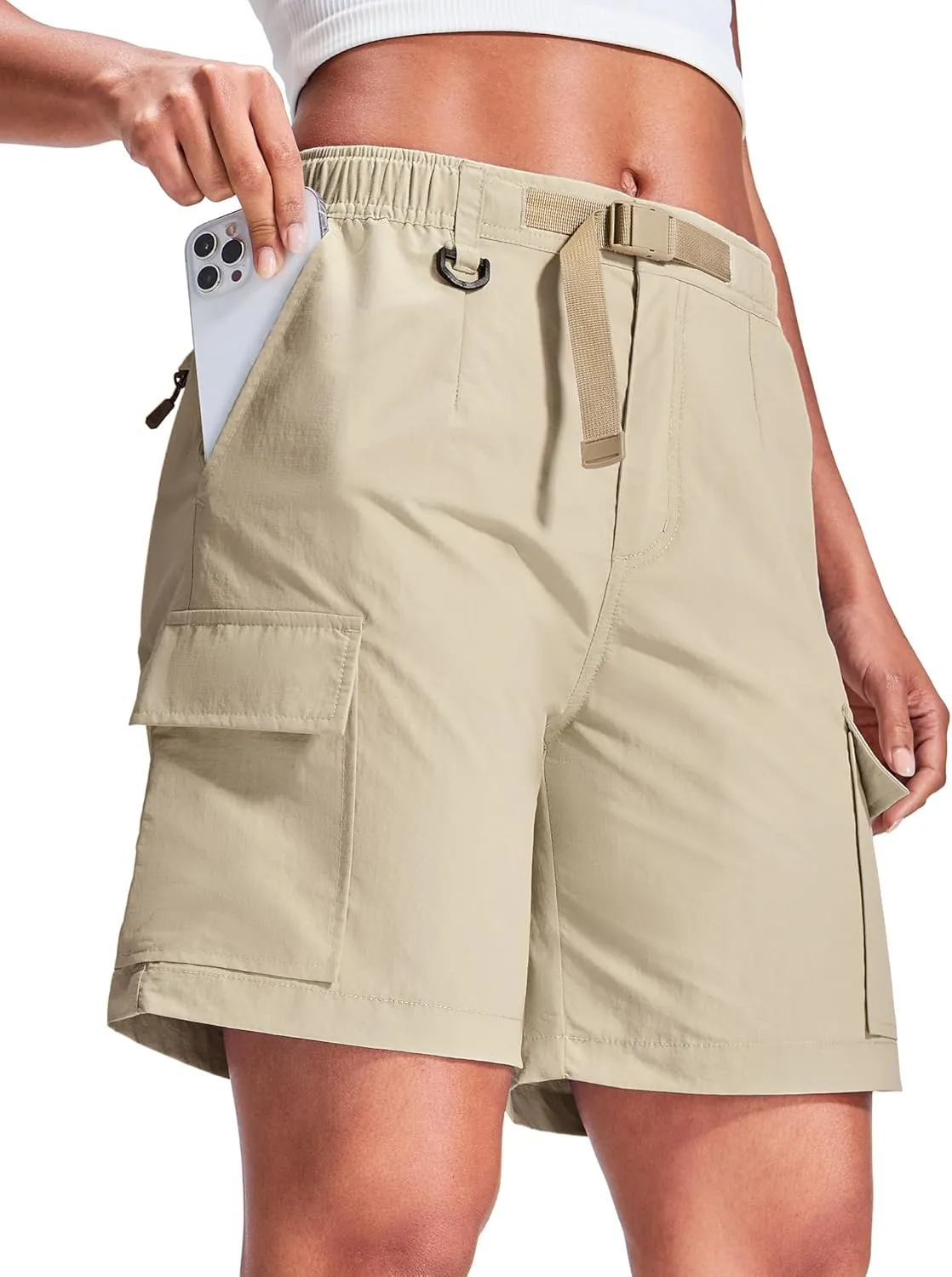 Haimont Women's 7 Inch Hiking Cargo Shorts with Belts Elastic Waist Nylon Quick Dry Water Resistant Camping Travel Trekking
