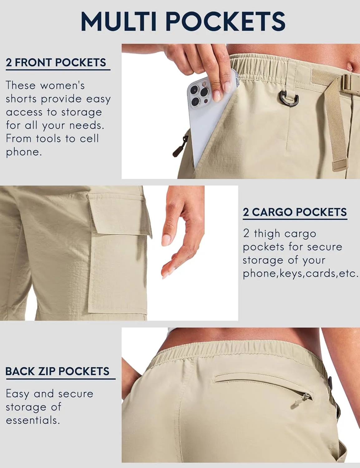 Haimont Women's 7 Inch Hiking Cargo Shorts with Belts Elastic Waist Nylon Quick Dry Water Resistant Camping Travel Trekking