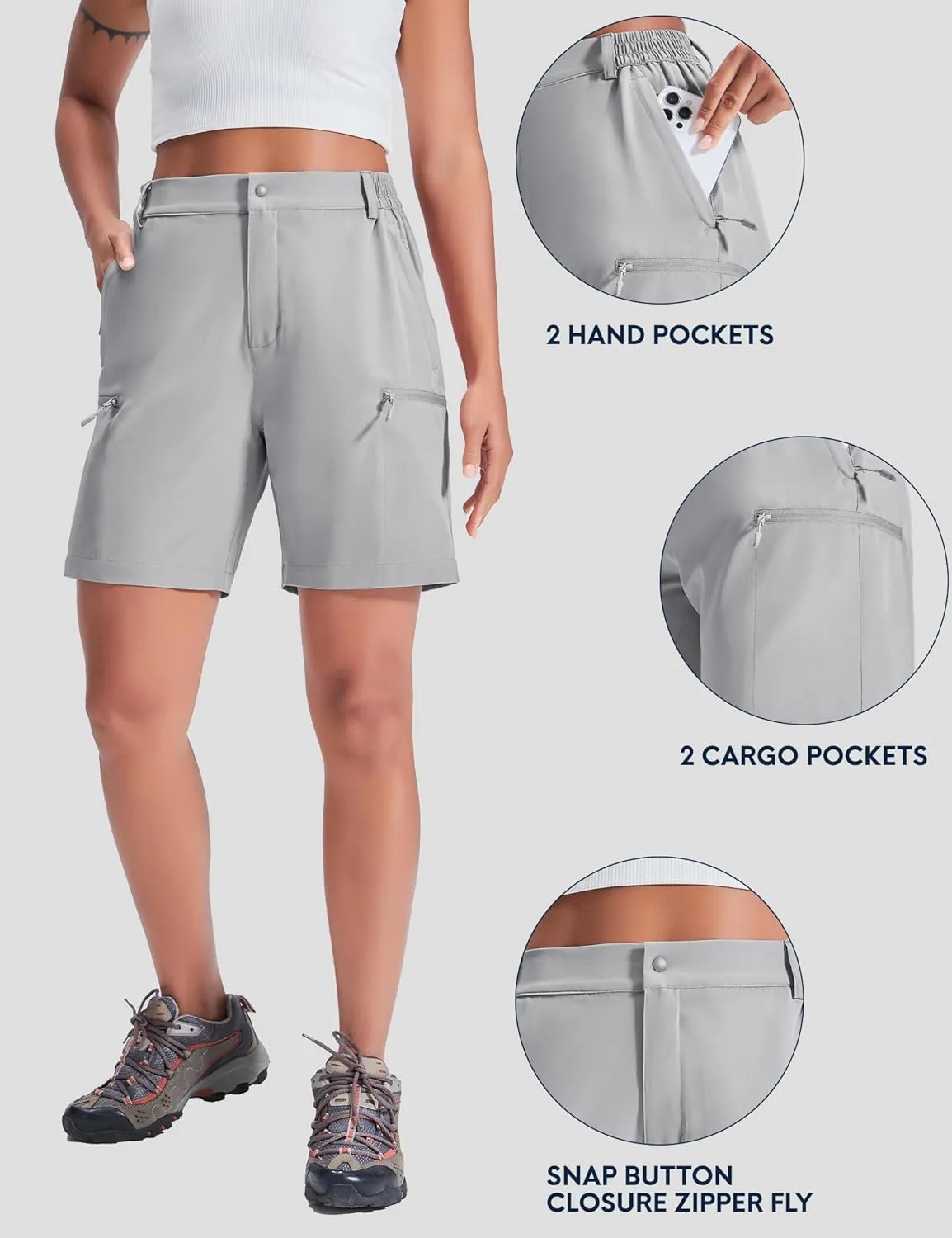 Haimont Women's 7" Hiking Cargo Shorts Quick Dry Lightweight Stretch UV Protection with Zipper Pockets Travel Camping