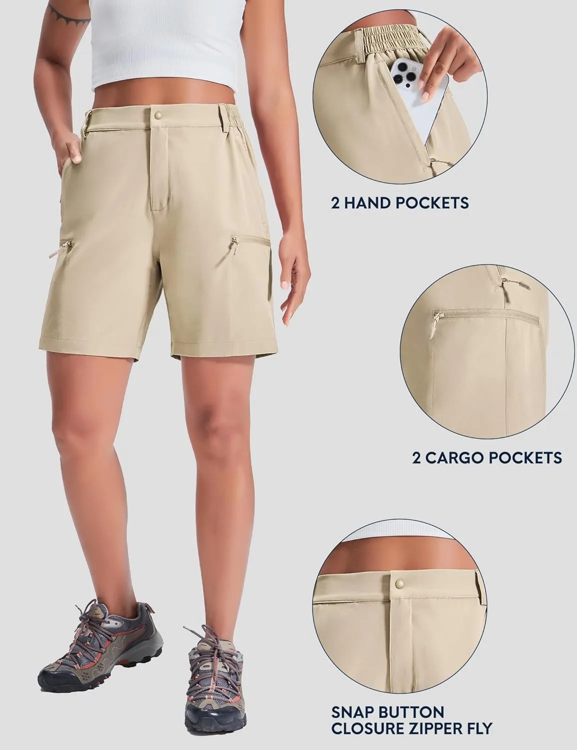 Haimont Women's 7" Hiking Cargo Shorts Quick Dry Lightweight Stretch UV Protection with Zipper Pockets Travel Camping