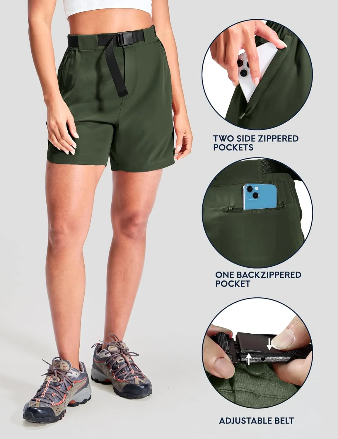Haimont Women’s Hiking Shorts 5 inch with Pockets and Belt Quick Dry Stretch Lightweight Camping Travel Outdoor Shorts