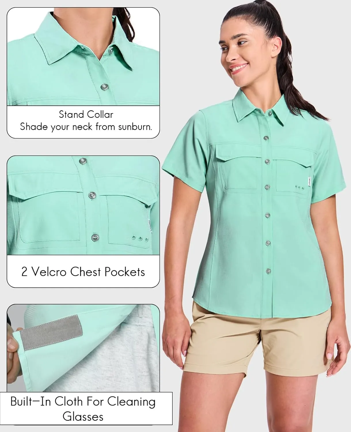 Haimont Women's UPF 50  Sun Protection Button Down Fishing Hiking Travel Shirts Short Sleeve Quick Dry Shirt with Pockets