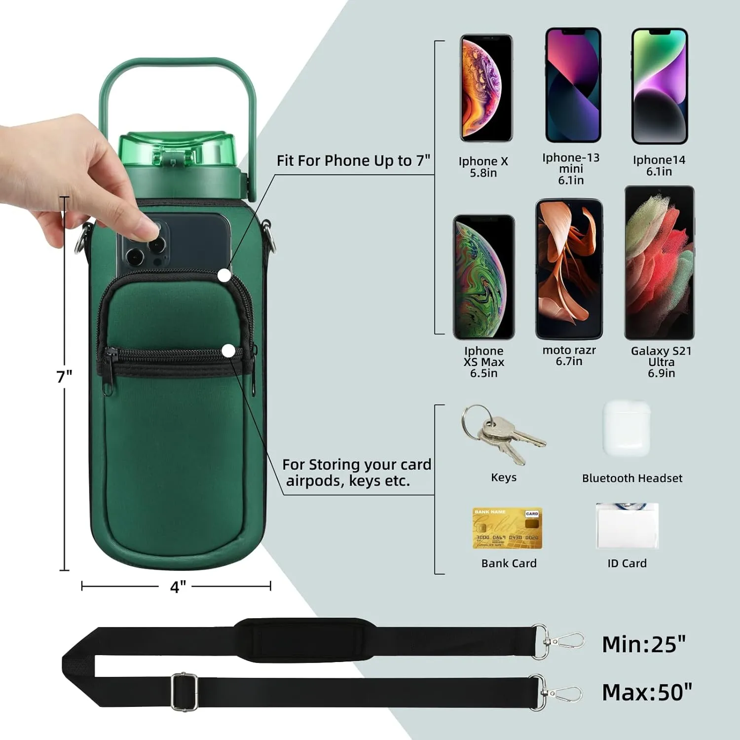 Half Gallon 64oz Glass Water Bottle with Straw and Storage Sleeve Motivational Water Bottle with Strap and Time to Drink 2L Leakproof Reusable Water Jug for Fitness Gym and Outdoors
