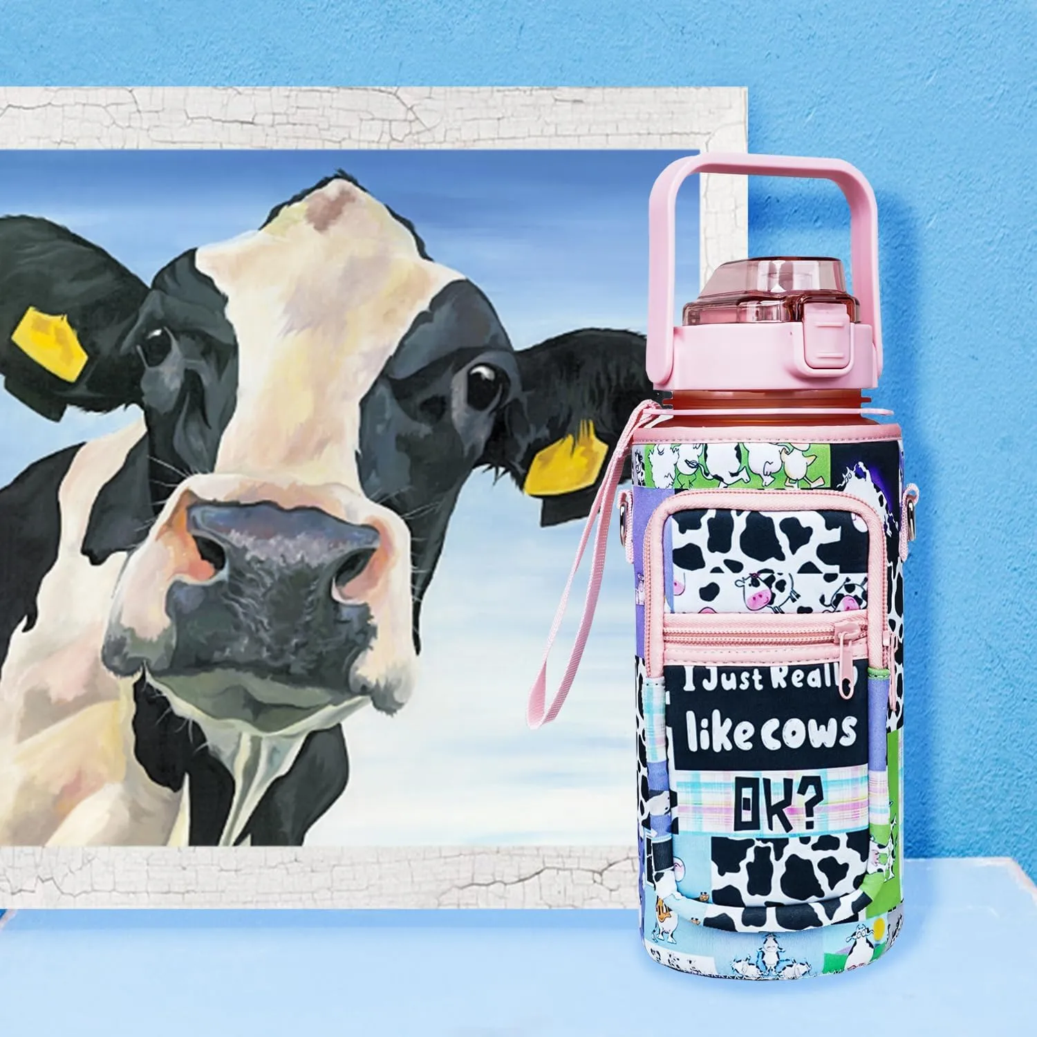 Half Gallon Water Bottle with Sleeve - I Just Really Like Cows OK? - BPA Free Water Bottle 64 OZ - Leakproof Water Jug with Time Marker