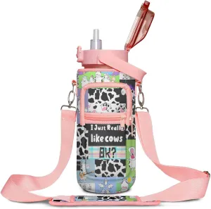 Half Gallon Water Bottle with Sleeve - I Just Really Like Cows OK? - BPA Free Water Bottle 64 OZ - Leakproof Water Jug with Time Marker