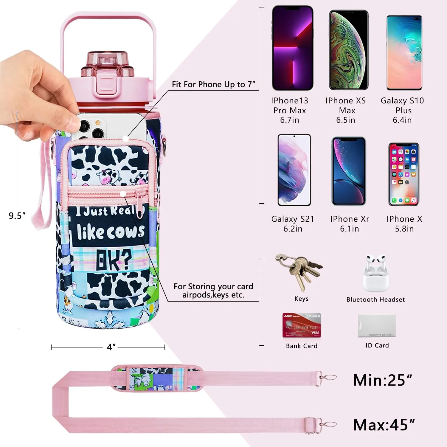 Half Gallon Water Bottle with Sleeve - I Just Really Like Cows OK? - BPA Free Water Bottle 64 OZ - Leakproof Water Jug with Time Marker