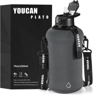 Half Gallon Water Bottle with Straw 74 oz Large Water Bottle Big Gym Water Bottle with Storage Sleeve BPA Free Gallon Water Jug with Handle and Bottle Brush Grey