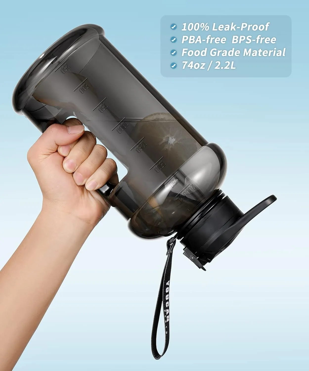 Half Gallon Water Bottle with Straw 74 oz Large Water Bottle Big Gym Water Bottle with Storage Sleeve BPA Free Gallon Water Jug with Handle and Bottle Brush Grey