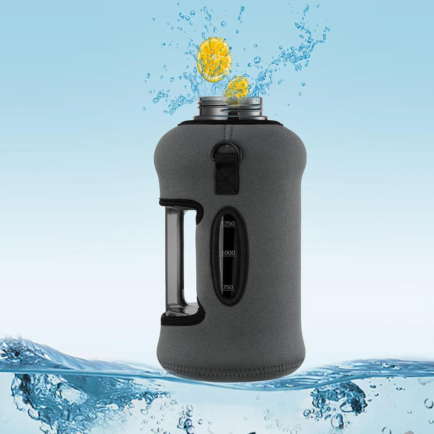 Half Gallon Water Bottle with Straw 74 oz Large Water Bottle Big Gym Water Bottle with Storage Sleeve BPA Free Gallon Water Jug with Handle and Bottle Brush Grey