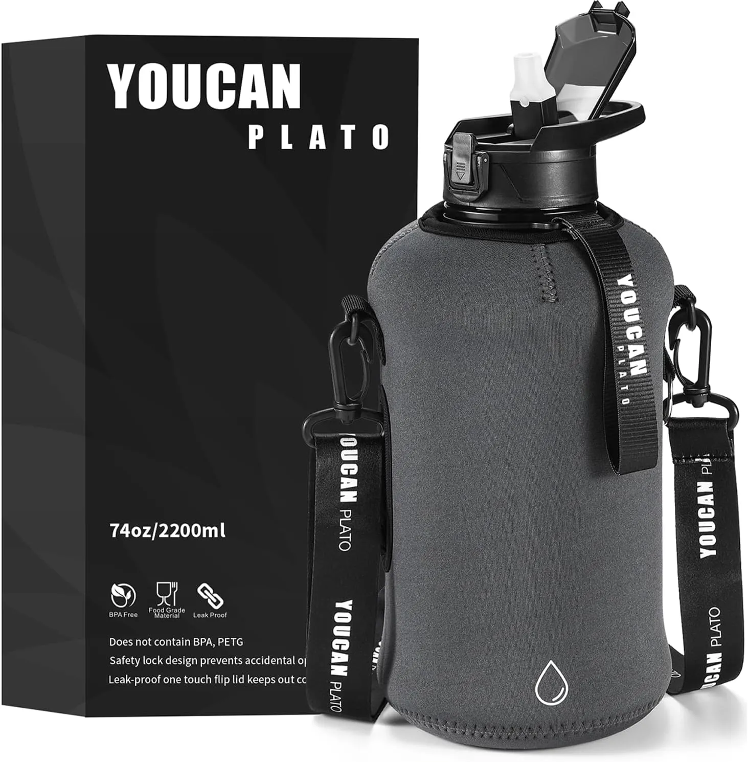 Half Gallon Water Bottle with Straw 74 oz Large Water Bottle Big Gym Water Bottle with Storage Sleeve BPA Free Gallon Water Jug with Handle and Bottle Brush Grey