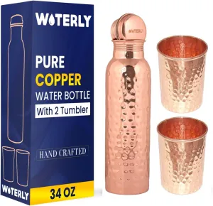 Hammered Copper Water Bottle (34 Oz /1000ml) With Set Of 2 Tumbler (10 Oz/300ml Each) | Best use for Office,Gym & gifts |100% Pure Copper Material with Leak proof Quality