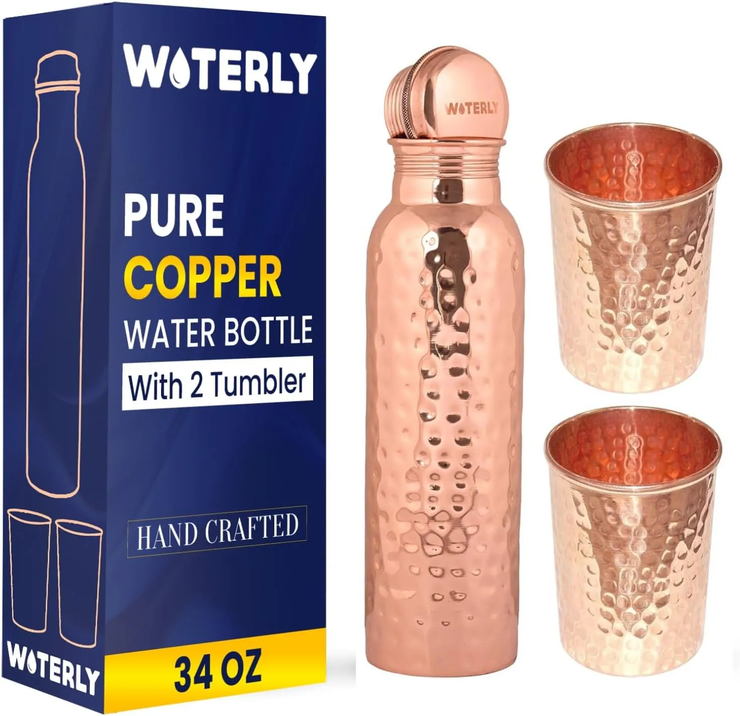 Hammered Copper Water Bottle (34 Oz /1000ml) With Set Of 2 Tumbler (10 Oz/300ml Each) | Best use for Office,Gym & gifts |100% Pure Copper Material with Leak proof Quality