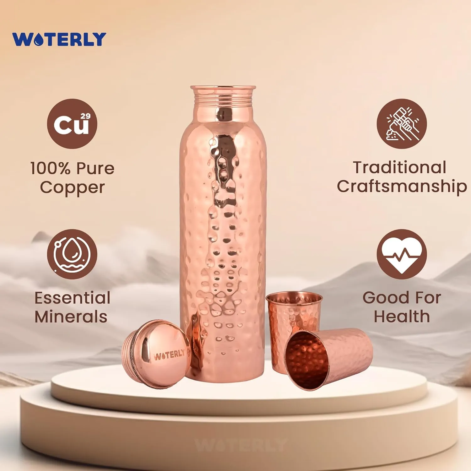 Hammered Copper Water Bottle (34 Oz /1000ml) With Set Of 2 Tumbler (10 Oz/300ml Each) | Best use for Office,Gym & gifts |100% Pure Copper Material with Leak proof Quality