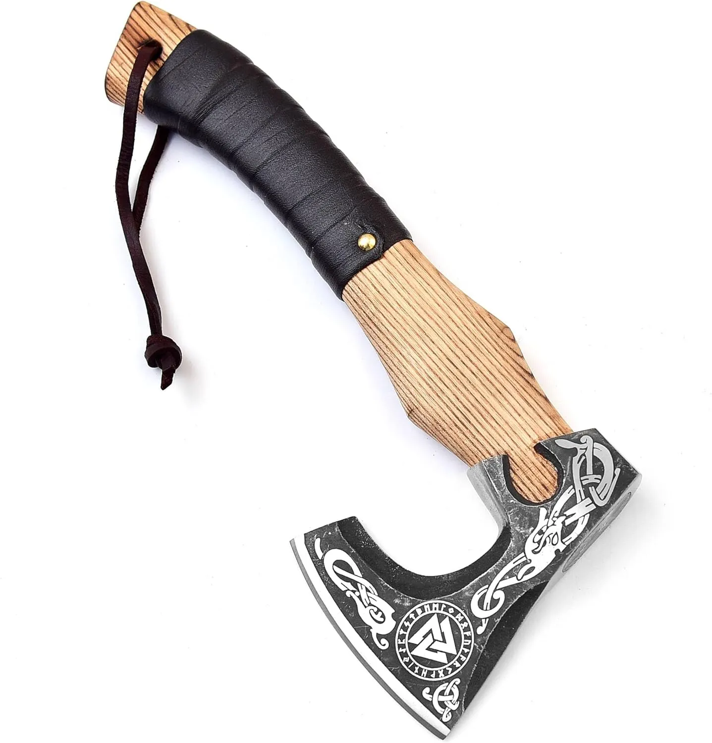 H&A CRAFTS® Viking Axe The Ragnar Lothbrok Real, and Custom Crafted with Leather Sheath Carbon Steel Camping Hatchet Personalized Gifts for Men (Valknut Viking - Yellow Pine Handle Axe)