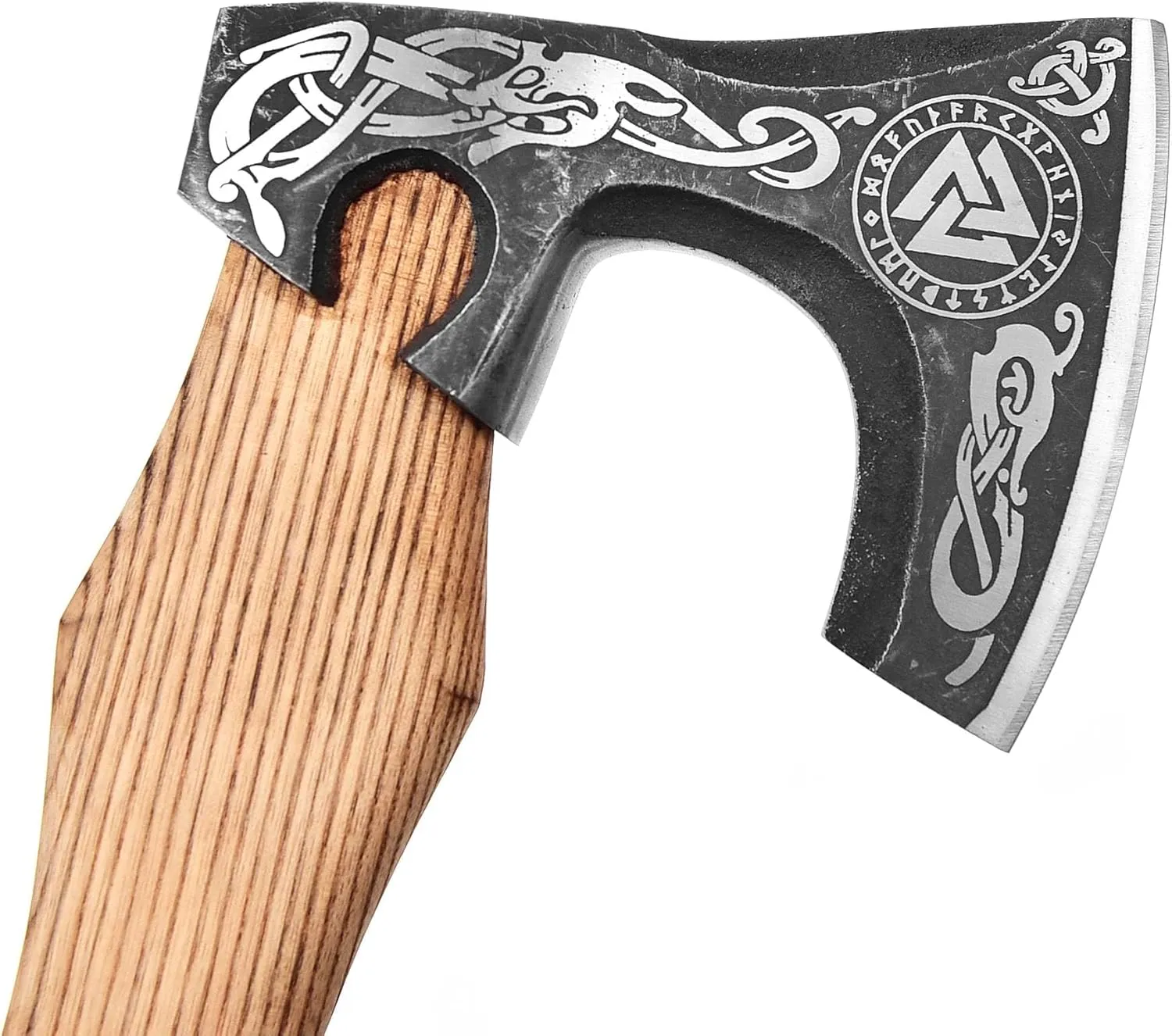 H&A CRAFTS® Viking Axe The Ragnar Lothbrok Real, and Custom Crafted with Leather Sheath Carbon Steel Camping Hatchet Personalized Gifts for Men (Valknut Viking - Yellow Pine Handle Axe)