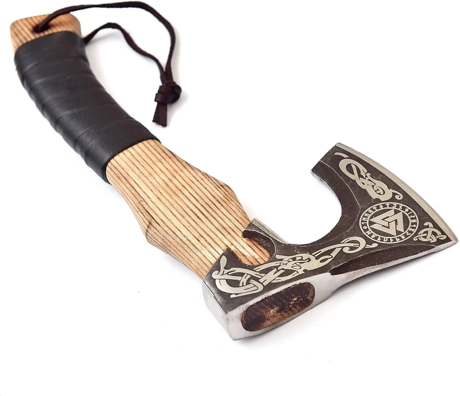 H&A CRAFTS® Viking Axe The Ragnar Lothbrok Real, and Custom Crafted with Leather Sheath Carbon Steel Camping Hatchet Personalized Gifts for Men (Valknut Viking - Yellow Pine Handle Axe)