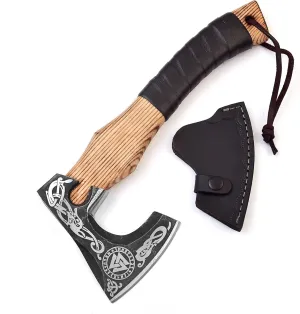 H&A CRAFTS® Viking Axe The Ragnar Lothbrok Real, and Custom Crafted with Leather Sheath Carbon Steel Camping Hatchet Personalized Gifts for Men (Valknut Viking - Yellow Pine Handle Axe)