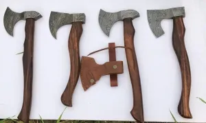 Hand Forged Damascus Steel Axe Set, Damascus 4 Hatchet Set, Viking Bearded Hatchet Set, Walnut Wood Handle, Handmade Leather Sheaths Included