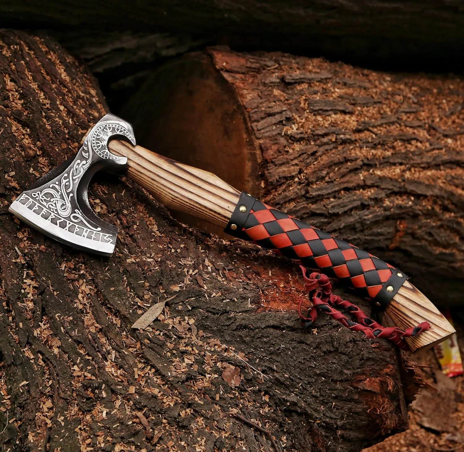 Hand Forged Gift Carbon Steel Viking Axe with Wood Shaft, Viking Gifts for Men, Viking Axe, Hatchet Axe, Gift for Him, Gift for Father (Medieval Axe), RED, MSPK-09908