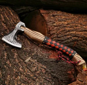 Hand Forged Gift Carbon Steel Viking Axe with Wood Shaft, Viking Gifts for Men, Viking Axe, Hatchet Axe, Gift for Him, Gift for Father (Medieval Axe), RED, MSPK-09908