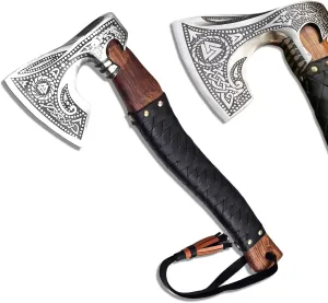 Hand Forged Viking Axe Hatchet Carbon Steel Bearded for Camping, Hunting, 20" Long Tomahawk Axe with Leather Sheath, Rosewood Handle and Leather Wrapped