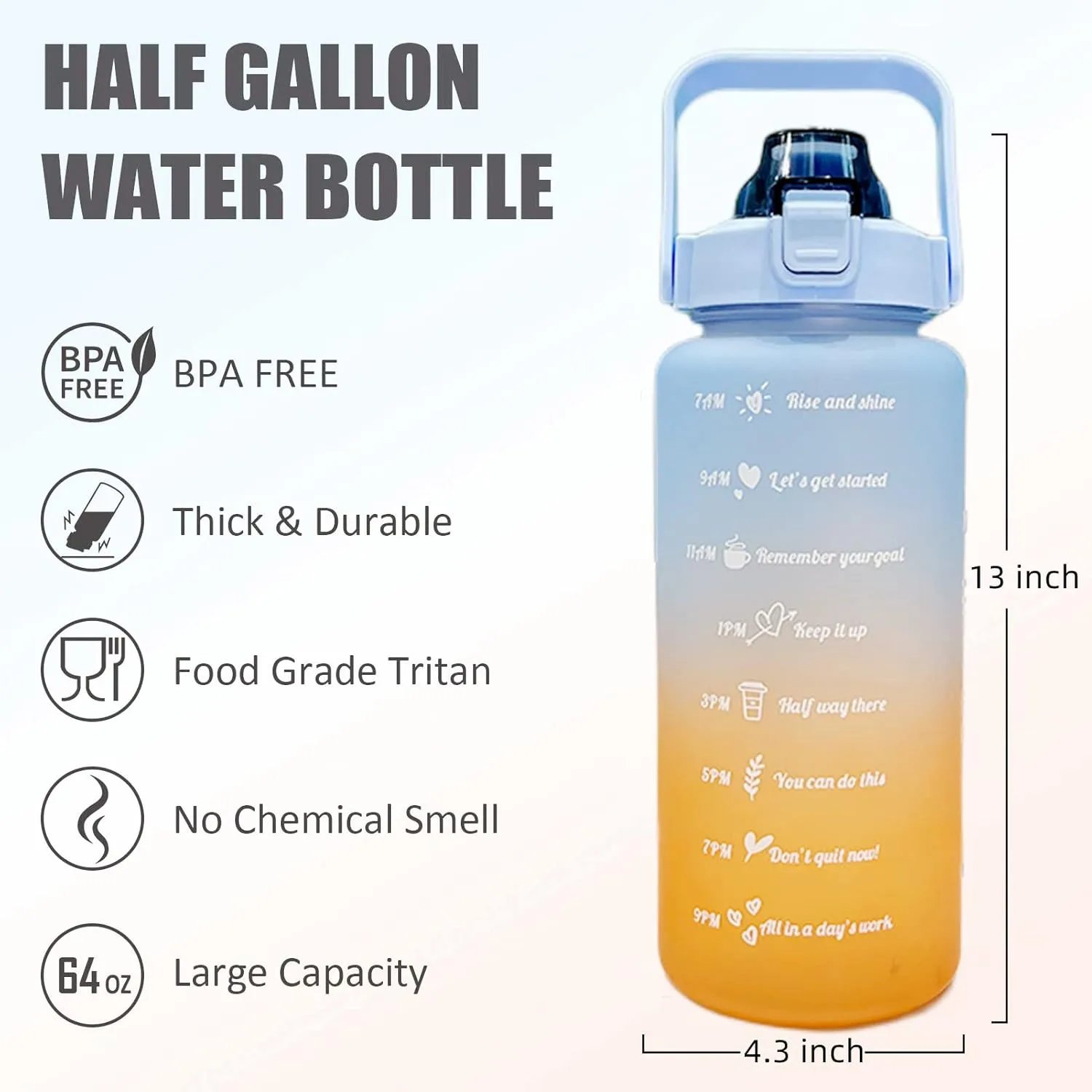 HANDA 64 OZ Half Gallon Motivational Water Bottle with Time Marker & Removable Straw, Handle, BPA Free Leakproof Non-Toxic 2L Large Water Jug for Fitness Gym Outdoor Sports (Blue/Orange)