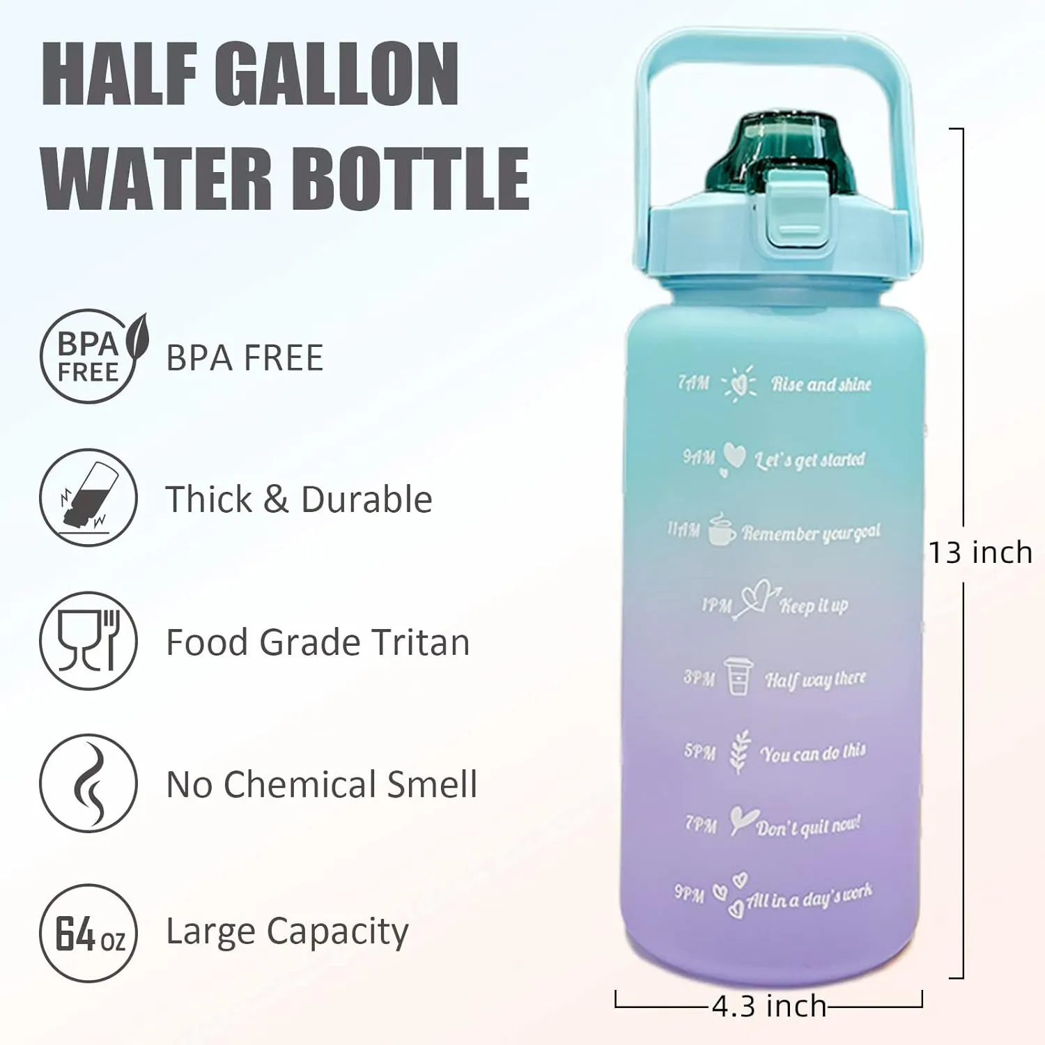 HANDA 64 OZ Half Gallon Motivational Water Bottle with Time Marker & Removable Straw, Handle, BPA Free Leakproof Non-Toxic 2L Large Water Jug for Fitness Gym Outdoor Sports (Green/Purple)