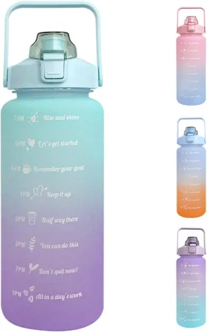 HANDA 64 OZ Half Gallon Motivational Water Bottle with Time Marker & Removable Straw, Handle, BPA Free Leakproof Non-Toxic 2L Large Water Jug for Fitness Gym Outdoor Sports (Green/Purple)