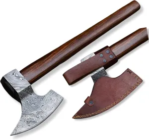 Handmade Damascus Steel Axe - Broad Goosewing Axe for Camping, Wood Cutting Includes Leather Sheath