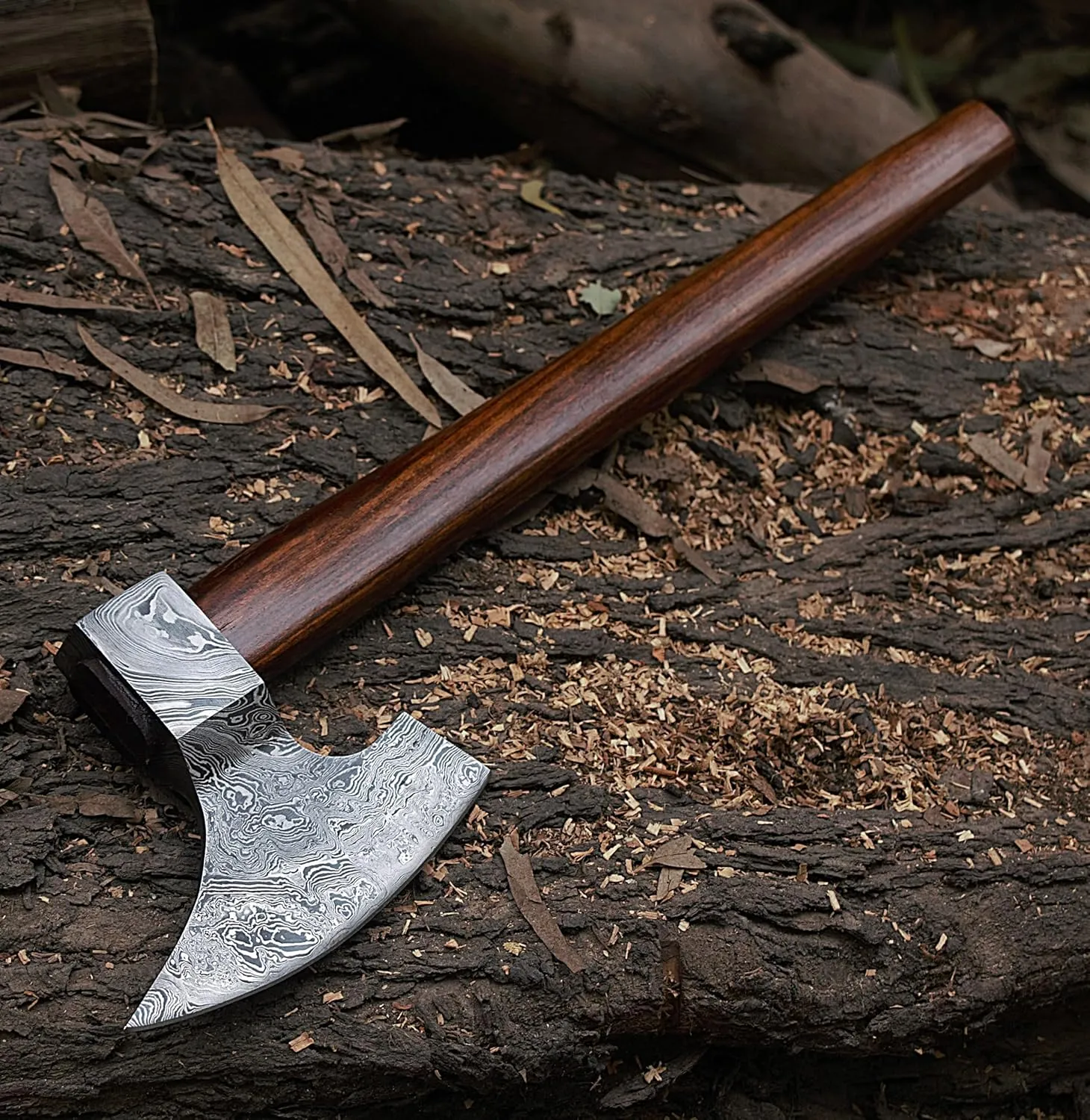 Handmade Damascus Steel Axe - Broad Goosewing Axe for Camping, Wood Cutting Includes Leather Sheath