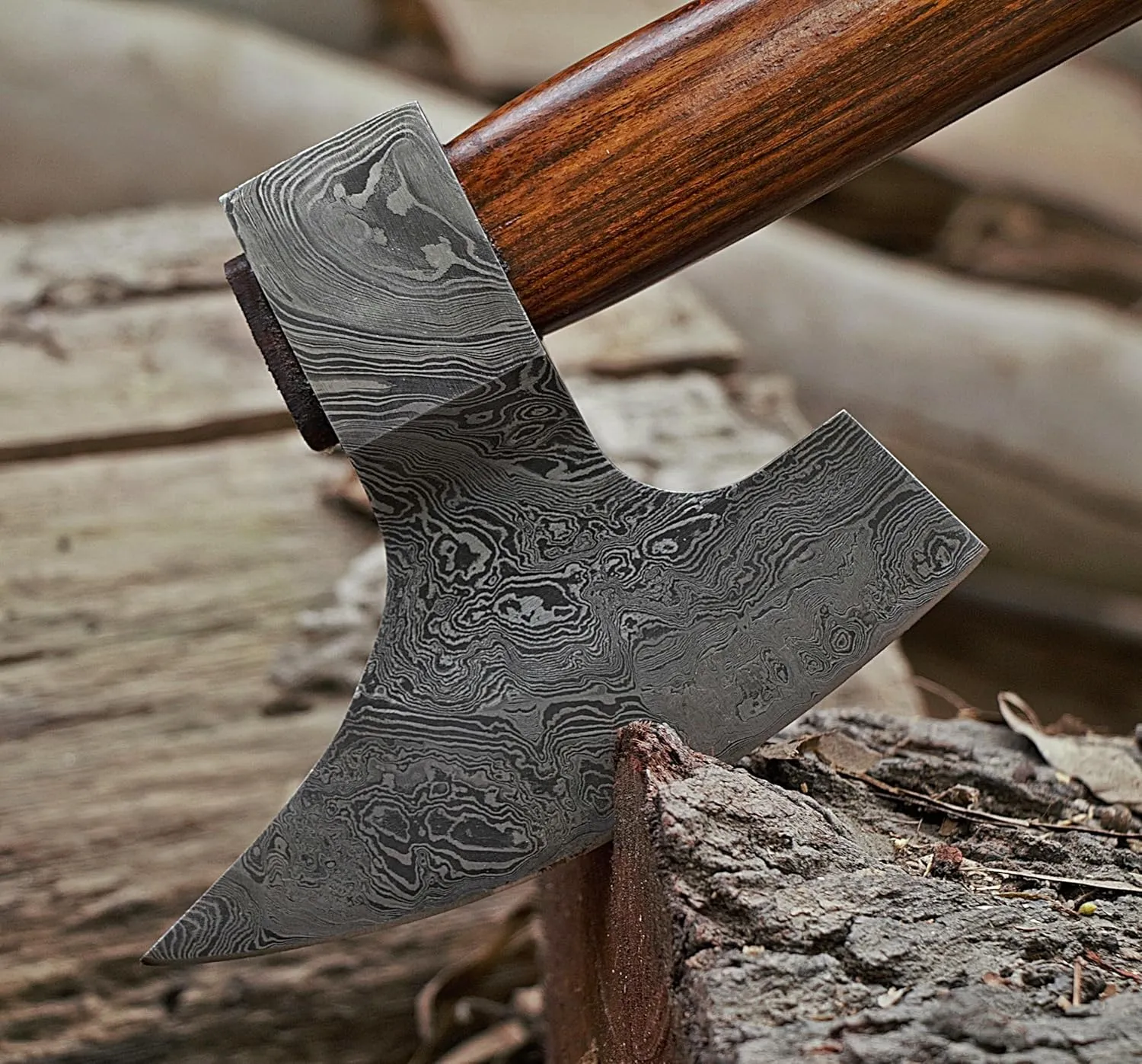 Handmade Damascus Steel Axe - Broad Goosewing Axe for Camping, Wood Cutting Includes Leather Sheath