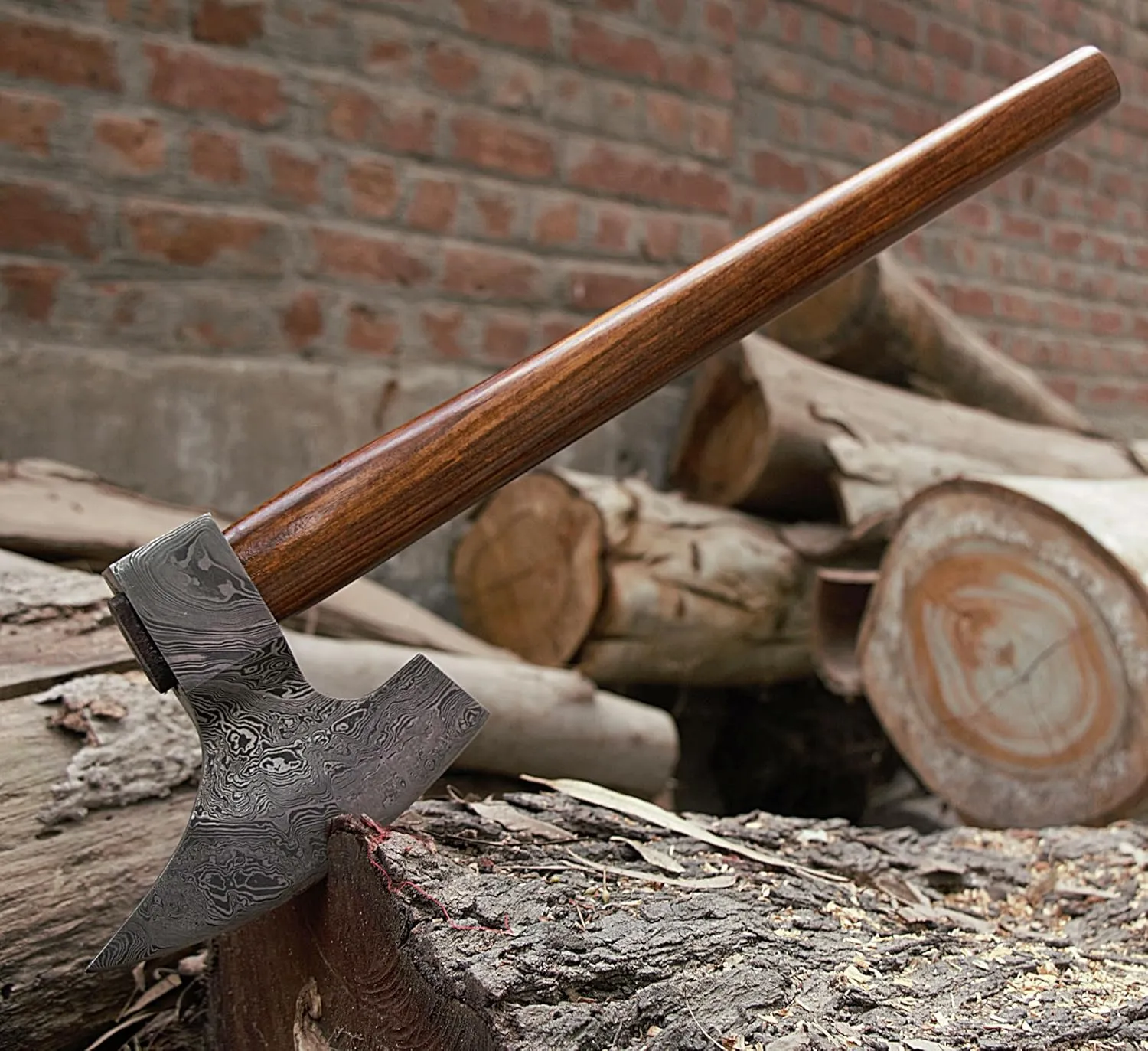 Handmade Damascus Steel Axe - Broad Goosewing Axe for Camping, Wood Cutting Includes Leather Sheath