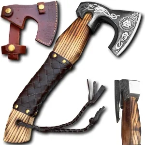 Handmade Viking Axe with Leather Sheath - Carbon Steel Blade, Leather Wrapped Ash Wood Handle, Hand-Forged, Battle Axe for Camping, Hunting, Throwing Bushcraft. (Huginn)
