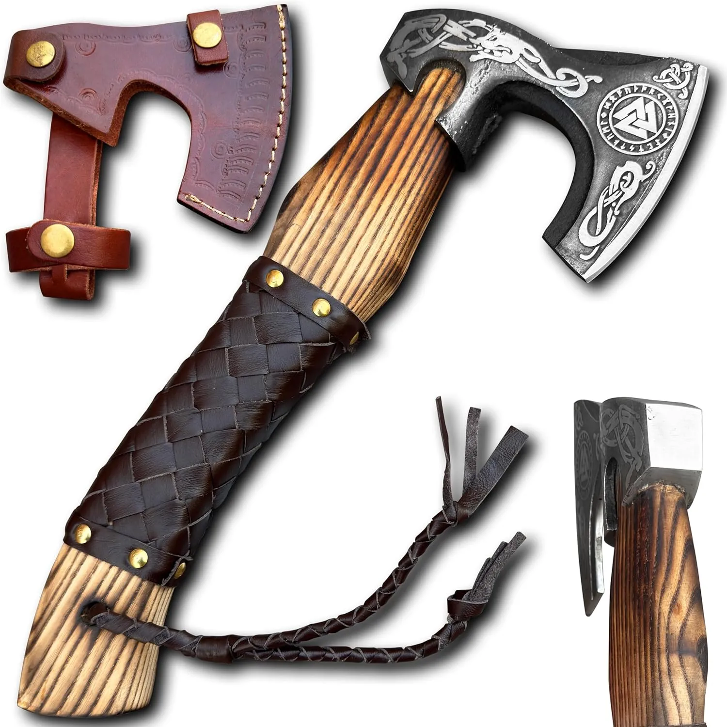 Handmade Viking Axe with Leather Sheath - Carbon Steel Blade, Leather Wrapped Ash Wood Handle, Hand-Forged, Battle Axe for Camping, Hunting, Throwing Bushcraft. (Huginn)