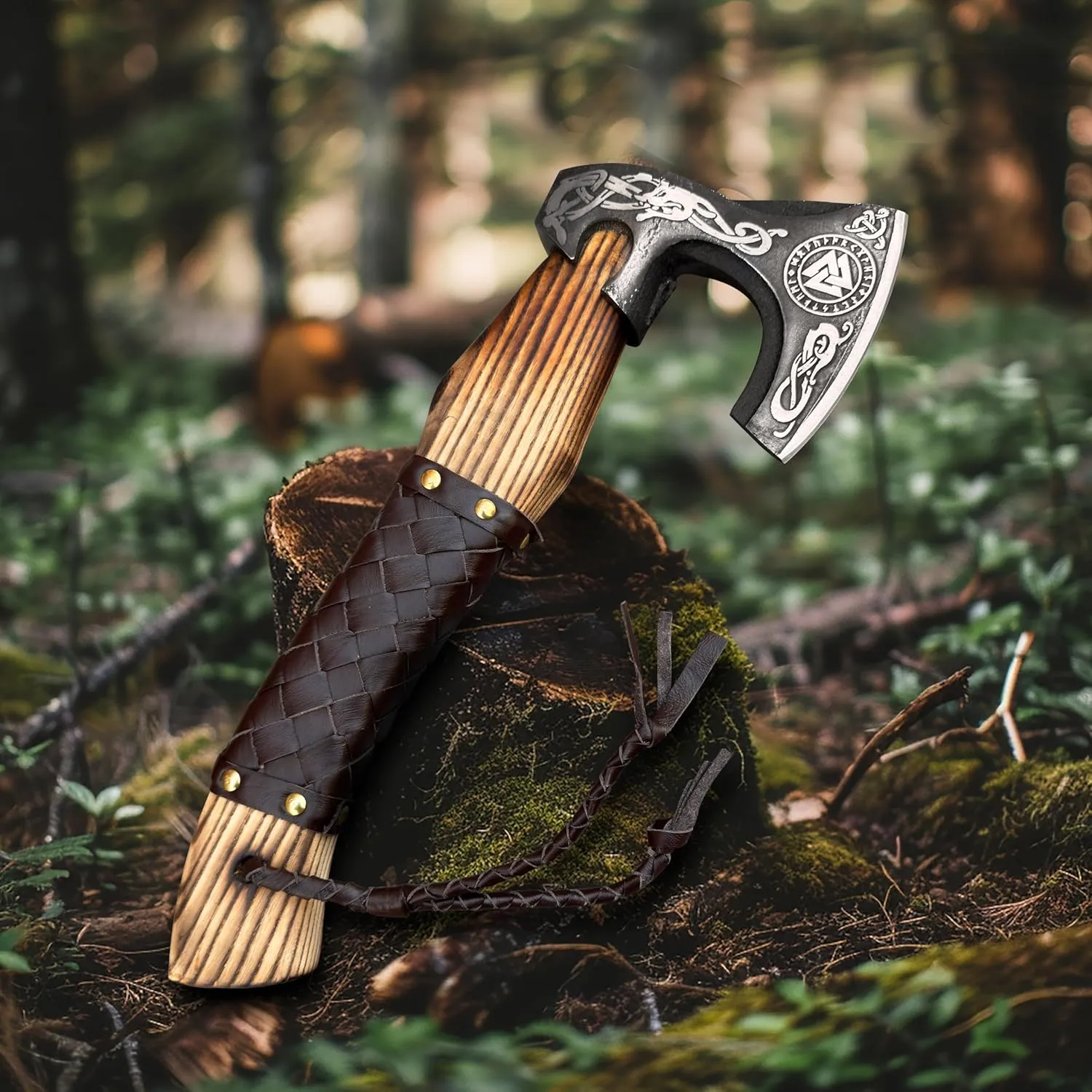 Handmade Viking Axe with Leather Sheath - Carbon Steel Blade, Leather Wrapped Ash Wood Handle, Hand-Forged, Battle Axe for Camping, Hunting, Throwing Bushcraft. (Huginn)