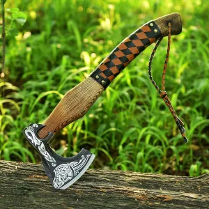 Handmade Viking Axe with Leather Sheath, Real Hatchet, Norse Viking Axe, Outdoor Camping Axe, Wood Splitting Axe, Ash Wood Leather Wrapped Handle - Viking Gifts for Men.
