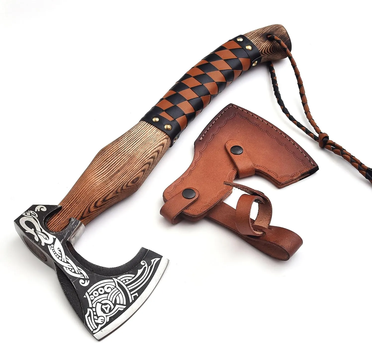Handmade Viking Axe with Leather Sheath, Real Hatchet, Norse Viking Axe, Outdoor Camping Axe, Wood Splitting Axe, Ash Wood Leather Wrapped Handle - Viking Gifts for Men.