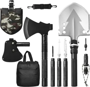 Happybuy Survival Gear, 16-in-1 Folding Shovel & Axe, Stainless Steel, Multifunctional, for Camping & Hiking